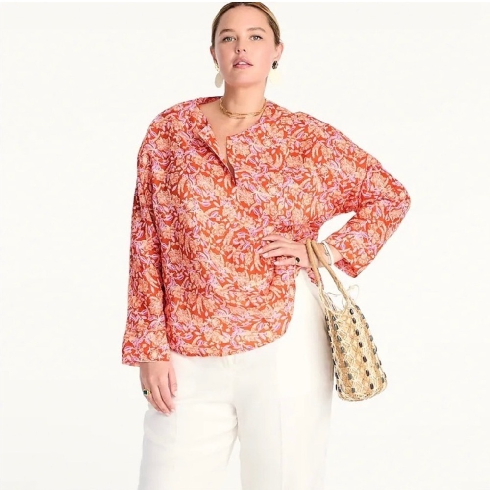J. Crew Long -sleeve ramie tunic‎ top in painted block print